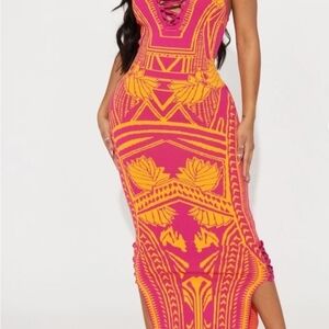 Fashion Nova Pink and Orange Midi Dress